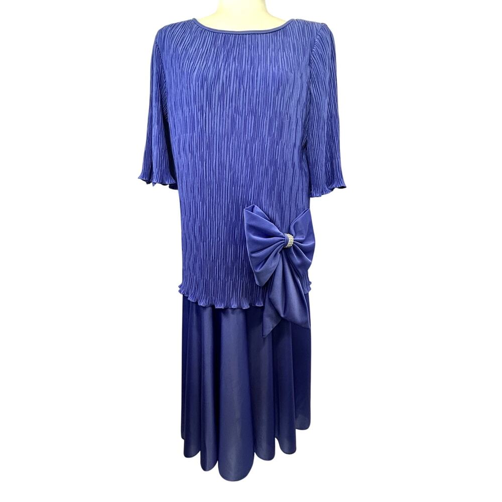 SKU2225 Vintage 1970 AFTER DARK Women 14 Royal Blue Rhinestone Bow Dress USA